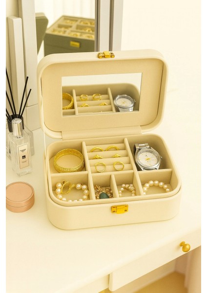 Deri Seyahat Takı Bijuteri Mücevher Kutusu Organizer Düzenleyici 20CM Krem Ithal Ürün