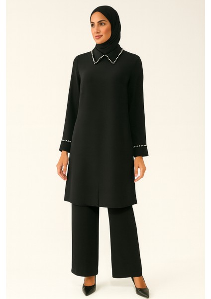 2431 Takım Yaıkası ve Kol Uçlaı Taş Detaylı Pantolonun Beli Lastikli 2 Li Takım Qys Takım 2431 #24-09#
