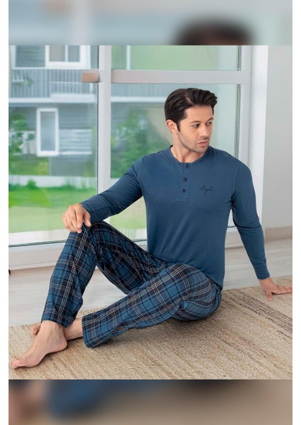 Erkek Civan Patlı Modal Çelik Mavisi Pijama Takımı 0417