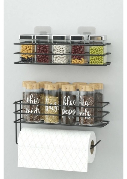 Süper Sticker Yapışkanlı 2'li Baharatlık ve Kağıt Havlu Askısı/kağıt Havlu Askısı Baharat Standı