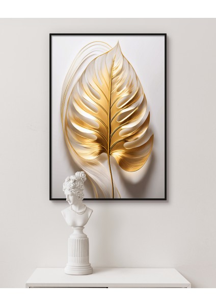 Metal Çerçeveli Gerçek Camlı Tablo, Dijital Baskı, Altın Rengi Yaprak Monstera, Salon, Ofis, Oturma Odası Tablo