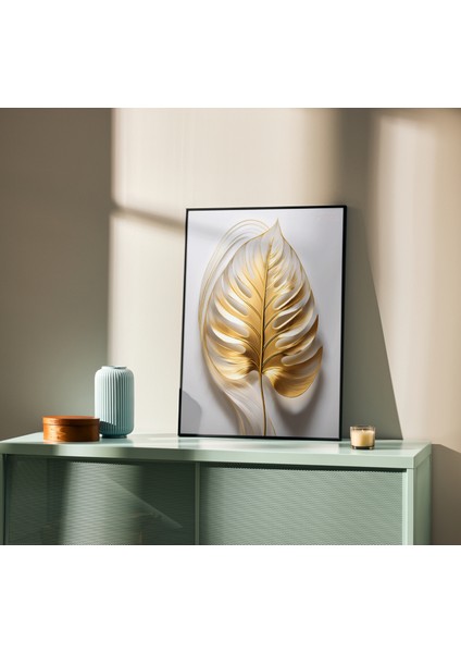 Metal Çerçeveli Gerçek Camlı Tablo, Dijital Baskı, Altın Rengi Yaprak Monstera, Salon, Ofis, Oturma Odası Tablo fırsatları