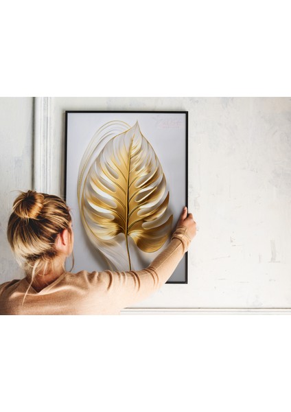 Metal Çerçeveli Gerçek Camlı Tablo, Dijital Baskı, Altın Rengi Yaprak Monstera, Salon, Ofis, Oturma Odası Tablo indirimleri