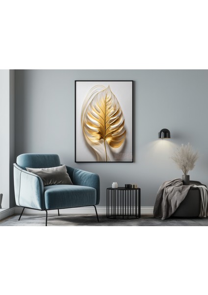Metal Çerçeveli Gerçek Camlı Tablo, Dijital Baskı, Altın Rengi Yaprak Monstera, Salon, Ofis, Oturma Odası Tablo