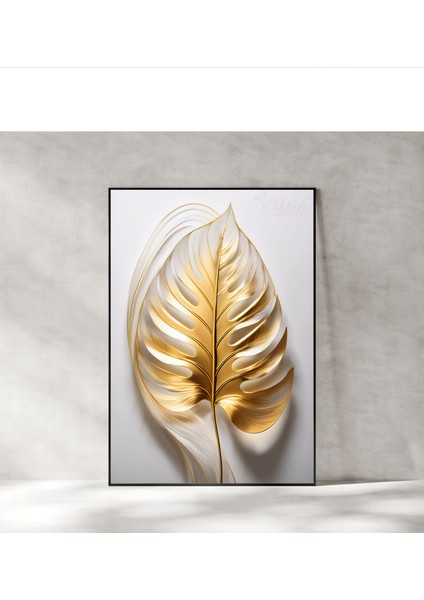 Metal Çerçeveli Gerçek Camlı Tablo, Dijital Baskı, Altın Rengi Yaprak Monstera, Salon, Ofis, Oturma Odası Tablo