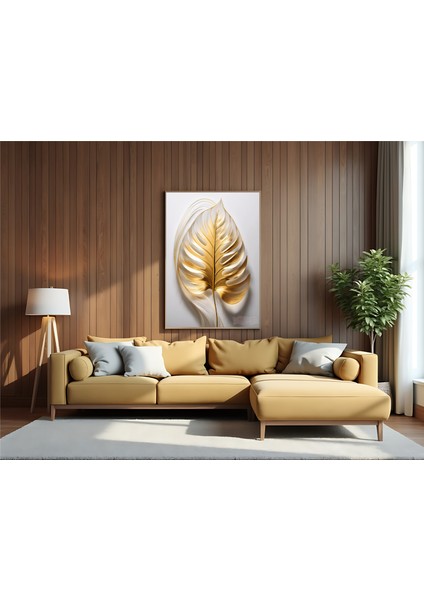 Metal Çerçeveli Gerçek Camlı Tablo, Dijital Baskı, Altın Rengi Yaprak Monstera, Salon, Ofis, Oturma Odası Tablo