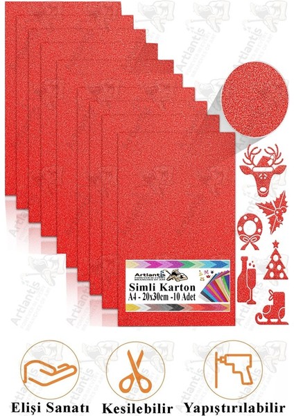 Kırmızı Simli Karton A4 20X30 cm 10 Lu 1 Paket Simli Fon Kartonu Parıltılı Kağıt Anasınıfı Kreş Etkinlik Proje