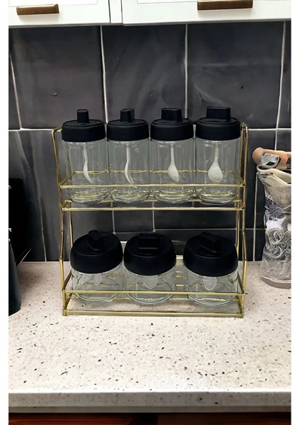 Metal Standlı Gold 7 Li Cam Kavanoz ve Baharatlık Seti fiyatları