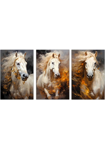 Dekoratif 3lü Set Beyaz Atlar Şık Görünüm Kanvas Tablo