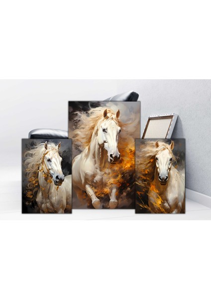 Dekoratif 3lü Set Beyaz Atlar Şık Görünüm Kanvas Tablo modelleri