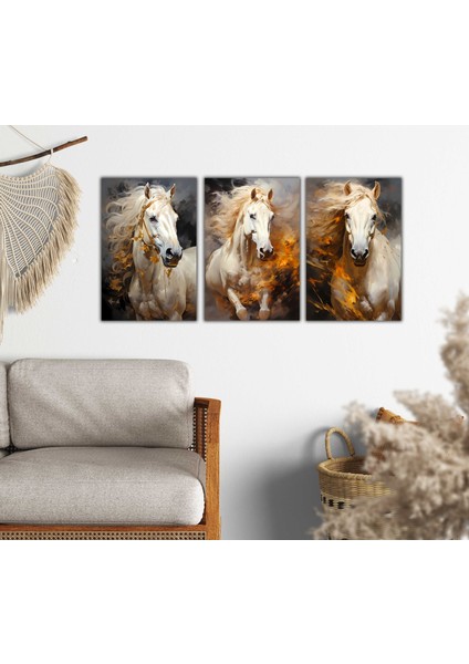 Dekoratif 3lü Set Beyaz Atlar Şık Görünüm Kanvas Tablo fırsatları