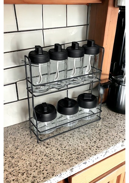 Metal Standlı Siyah 7 Li Cam Kavanoz ve Baharatlık Seti