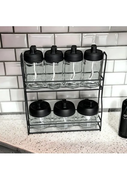 Metal Standlı Siyah 7 Li Cam Kavanoz ve Baharatlık Seti fiyatları