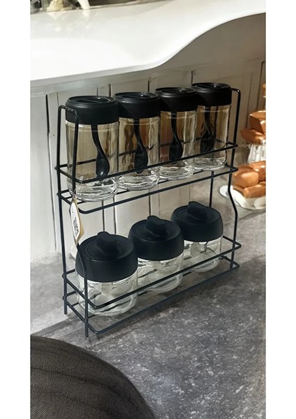 Metal Standlı Siyah 7 Li Cam Kavanoz ve Baharatlık Seti modelleri