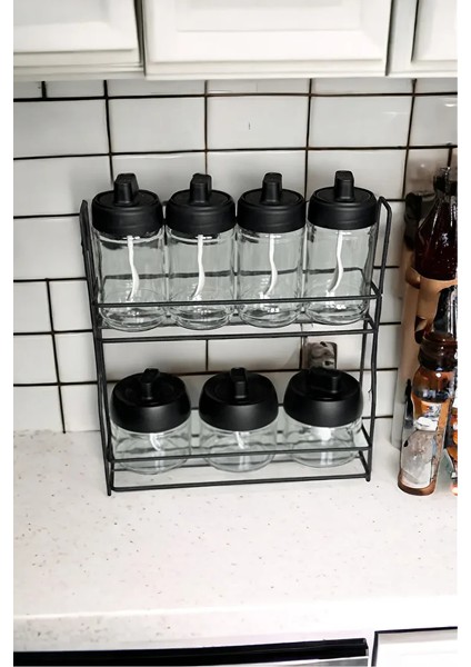 Metal Standlı Siyah 7 Li Cam Kavanoz ve Baharatlık Seti fırsatları