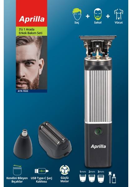 ATR-7033 3’ü 1 Arada Erkek Bakım Seti & Şarjlı Saç, Sakal ve Vücut Tıraş Makinesi