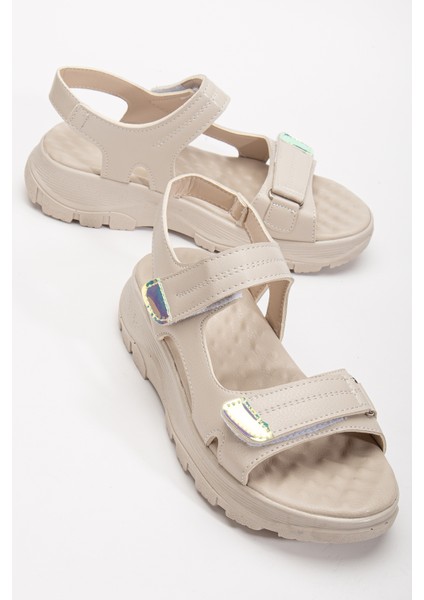 Kadın Bej Poli Taban Çift Bantlı Cırtlı Sandalet
