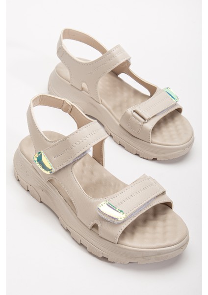 Kadın Bej Poli Taban Çift Bantlı Cırtlı Sandalet modelleri