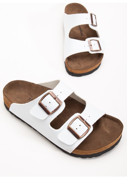 Unisex Beyaz Poli Taban Ayarlamalı Çift Tokalı Terlik