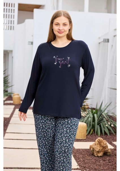 Kadın Inci Büyük Beden Lacivert Pijama Takımı 0495