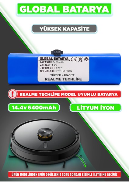 Realme Techlife Robot Süpürge Bataryası 14.4V 6400MAH (Yüksek Kapasite)