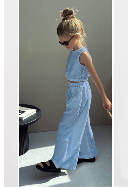 Kız Çocuk Keten Kumaş Kolsuz Üst ve Beli Lastikli Içi Astarlı Geniş Paça Pantolon Alt Üst Takım