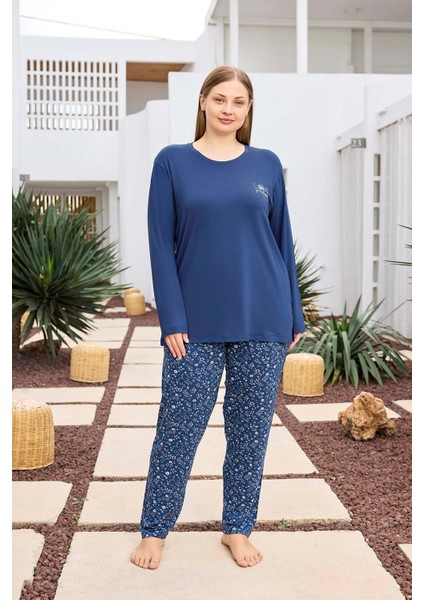Kadın Inci Büyük Beden Indigo Mavi Pijama Takımı 0494