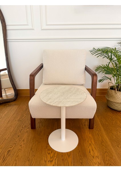 Traverten Mermer Desenli Modern 40 cm Zigon Yan Sehpa 8 mm Temper Cam