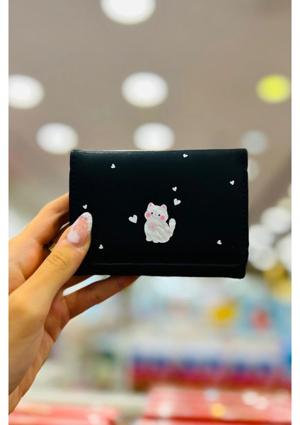 Sevimli Kedi Serisi Üç Katlı Kadın Cüzdanı (Siyah)