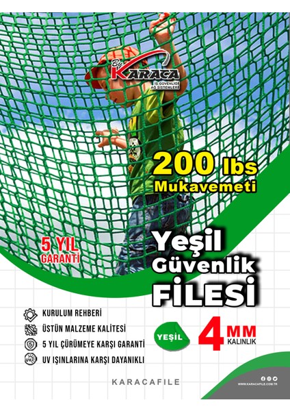 Yeşil Güvenlik File– 2 M Yükseklik | Metreyle Kesim | 4 mm Ip, 5x5 cm Göz Aralığı + Montaj Aparatları