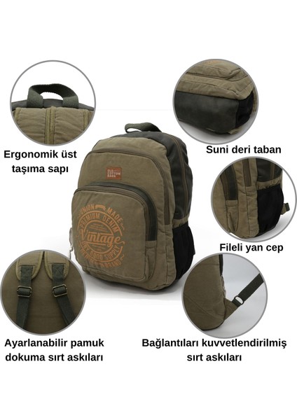 Old Cotton 7184 Revilla Çağla Yeşili Sırt Okul Seyahat 15.6 Inç Laptop Notebook Spor Kanvas Pamuk Kumaş Çantası fırsatları
