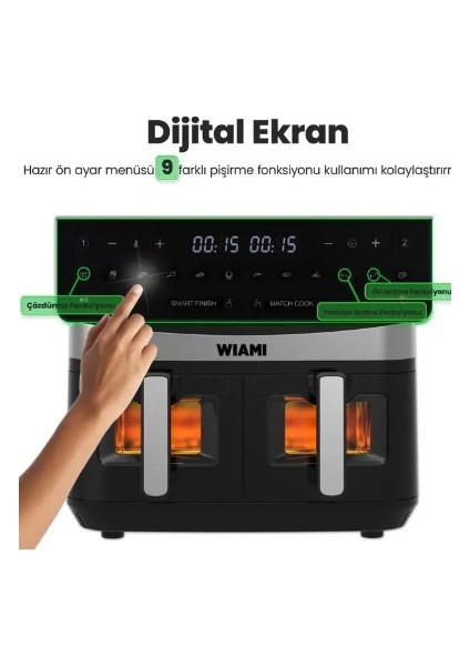 Airfryer 9 Lt Çift Sepet Camlı Akıllı Yağsız Hava