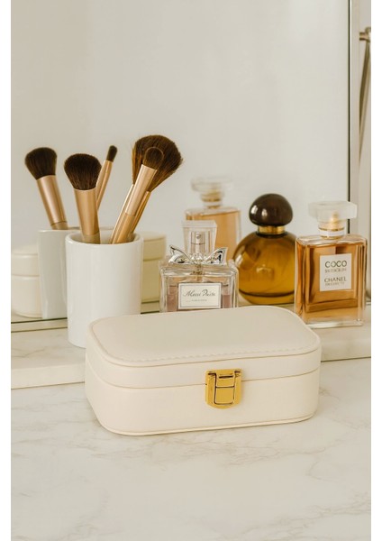 Deri Mini Seyahat Takı Bijuteri Mücevher Kutusu Organizer Düzenleyici 15CM Krem Ithal Ürün modelleri