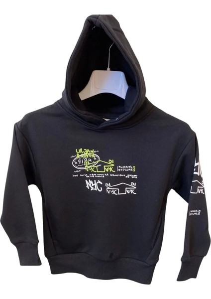 Erkek Çocuk Kapüşonlu Baskılı Siyah Sweatshirt - Cepli, Pamuklu, Rahat Kullanım fırsatları