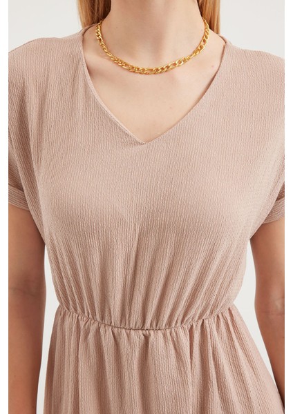 Kadın BDART Yarık Detaylı V-Yaka Midi Triko Elbise Yulaf Ezmesi Doğal fırsatları