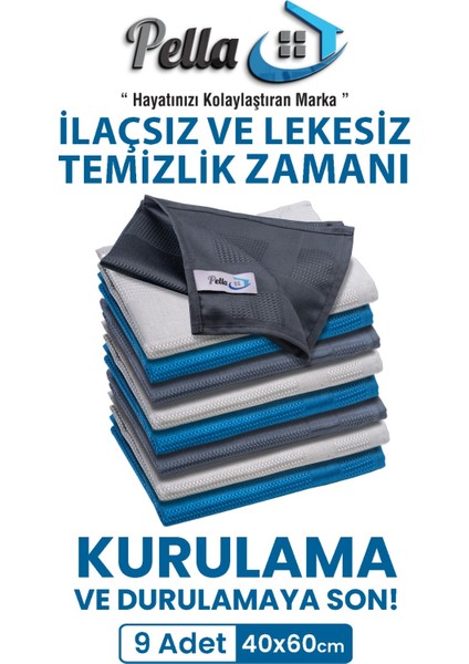 9'lu Mikrofiber Temizlik Bezi, Cam, Araba Silme Bezi, Mutfak, Fiber Temizleme Bezi, 60X40 cm