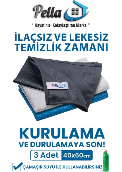 Pella Active Çamaşır Suyu ile Kullanılabilen Tek Mikrofiber Bez 3'lü Temizlik Bezi, 60x40 Cm