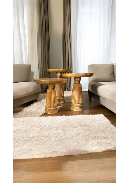 Tütün Renk Ahşap Mantar Sehpa 3’lü Takım – Doğal Fiskos ve Zigon Sehpa