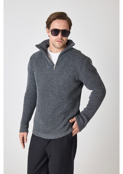 Erkek Dik Yaka Fermuarlı Triko Kazak - Antrtasit