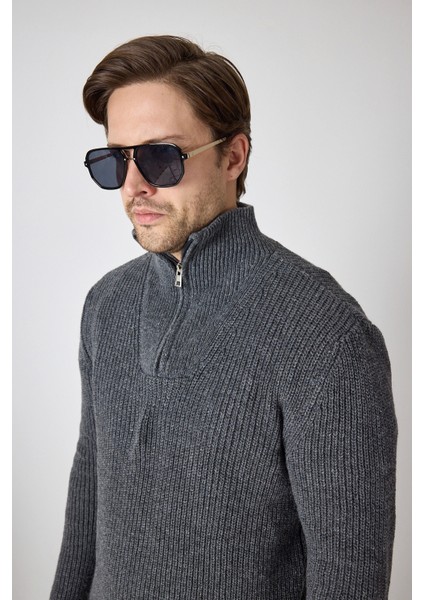 Erkek Dik Yaka Fermuarlı Triko Kazak - Antrtasit modelleri