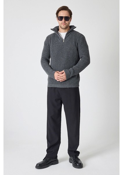 Erkek Dik Yaka Fermuarlı Triko Kazak - Antrtasit fırsatları