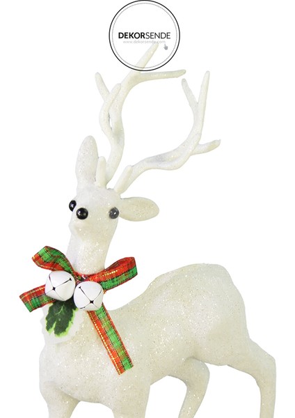 Yılbaşı Süsü Çanlı Fiyonklu Simli Geyik Beyaz 35 cm fiyatları