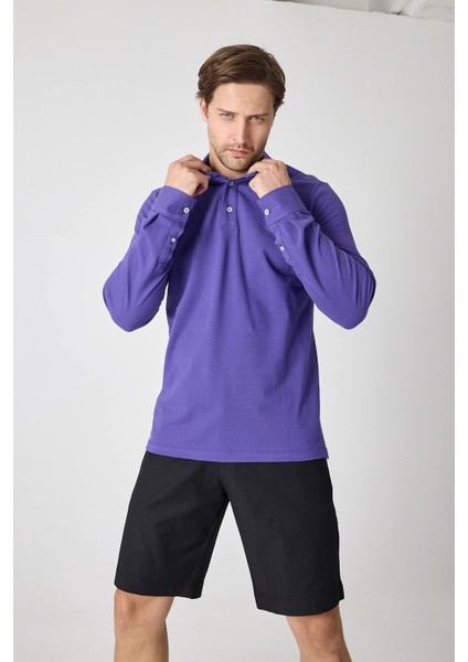 Erkek Uzun Kollu Polo Yaka Comfort Sweatshirt - Mor