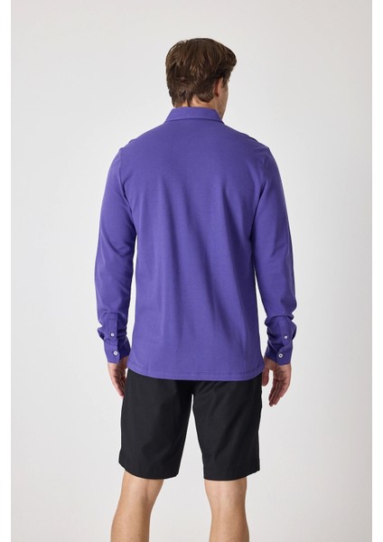 Erkek Uzun Kollu Polo Yaka Comfort Sweatshirt - Mor fırsatları