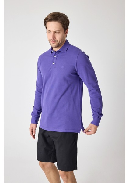 Erkek Uzun Kollu Polo Yaka Comfort Sweatshirt - Mor indirimleri