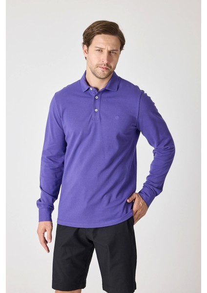 Erkek Uzun Kollu Polo Yaka Comfort Sweatshirt - Mor