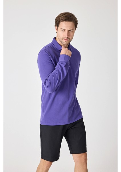 Erkek Uzun Kollu Polo Yaka Comfort Sweatshirt - Mor