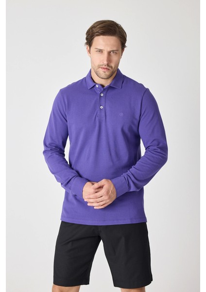 Erkek Uzun Kollu Polo Yaka Comfort Sweatshirt - Mor