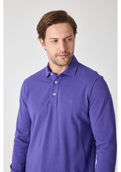Erkek Uzun Kollu Polo Yaka Comfort Sweatshirt - Mor