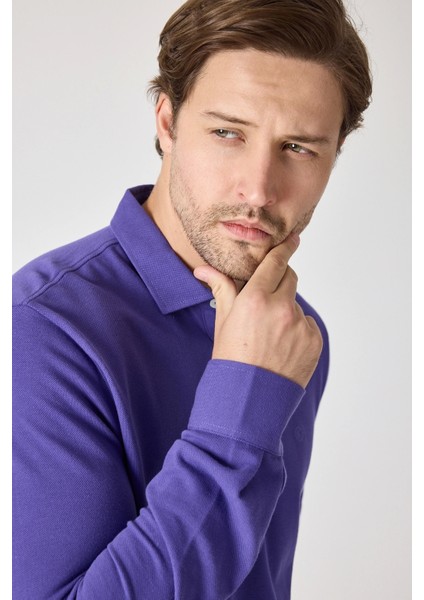 Erkek Uzun Kollu Polo Yaka Comfort Sweatshirt - Mor